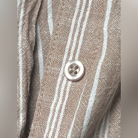 Linen Cotton Blend Taupe Cream Verticle Stripe Tie Shirt Dress Pockets M Resort - Picture 4 of 8